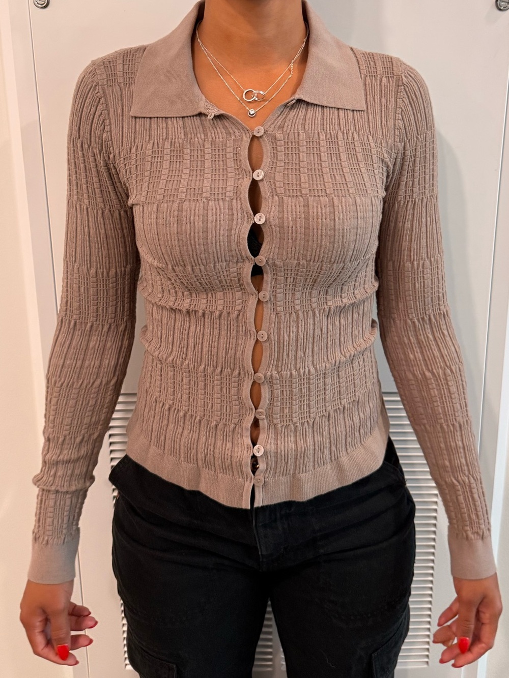 LOFT Blush Ribbed Button-Up Cardigan with Ruffle Hem - Picture 2 of 4